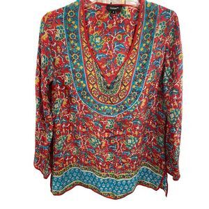 Tolani Women's Silk Tunic Blouse Small Floral‎ Print V-Neck Multicolor